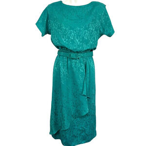 Act I Vintage Floral Satin Print Short Sleeve Blouson USA Made Green Dress sz 4